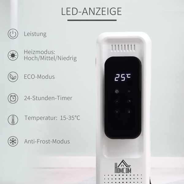Öljyjäähdytin Kannettava Sähköpatteri 2290-2720W 3 Lämpöasetusta 24 Tunnin Ajastus Sähkölämmitin 11 Lämpölevyä 4 Rullalla Valkoista Terästä