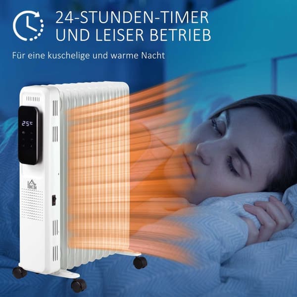 Öljyjäähdytin Kannettava Sähköpatteri 2290-2720W 3 Lämpöasetusta 24 Tunnin Ajastus Sähkölämmitin 11 Lämpölevyä 4 Rullalla Valkoista Terästä