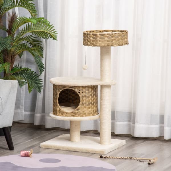 Kradsestolpe Rattan Kattetræ, Klatretræ Med Cat Cave & Sisal Posts, Legebolde, 95Cm, Natural Sisal+Beige