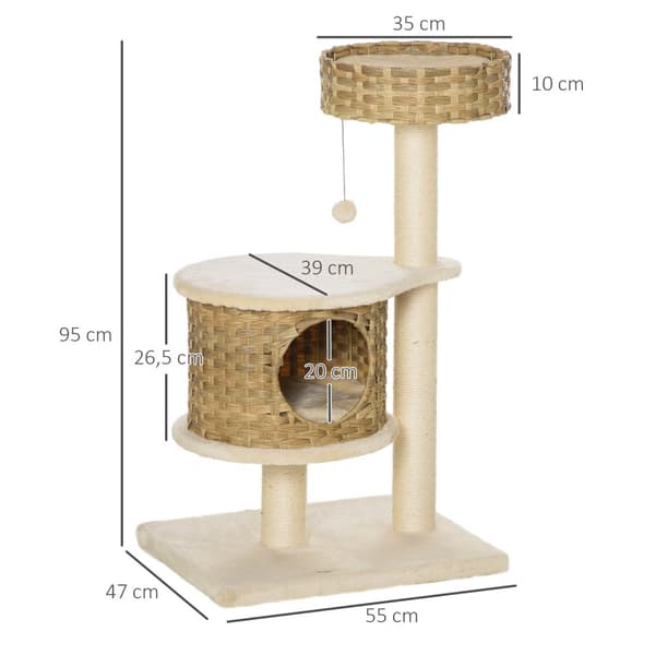 Kradsestolpe Rattan Kattetræ, Klatretræ Med Cat Cave & Sisal Posts, Legebolde, 95Cm, Natural Sisal+Beige
