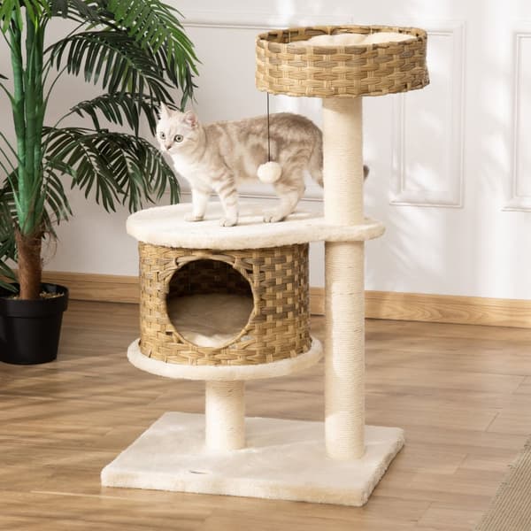 Kradsestolpe Rattan Kattetræ, Klatretræ Med Cat Cave & Sisal Posts, Legebolde, 95Cm, Natural Sisal+Beige