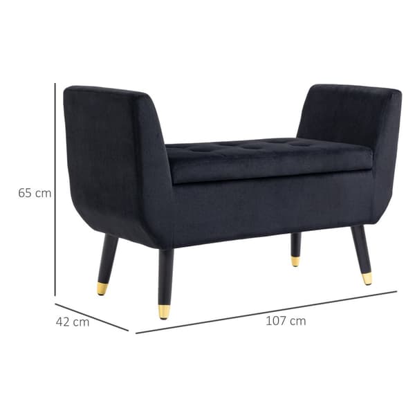 Luksusbenk Polstret Benk Med Oppbevaringsplass Og Armlener, Fløyelsmyk Polyester, Gummitre, Svart, 107 X 42 X 65 Cm