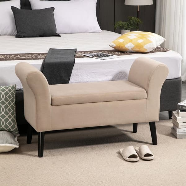 Benk For Stue Moderne Polstret Benk Med Lagringsplass, Fløyelsmyk Polyester, Gummitre, Armlener, 115,5X43,5X66Cm