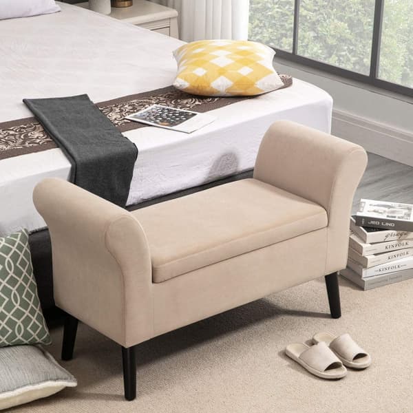 Benk For Stue Moderne Polstret Benk Med Lagringsplass, Fløyelsmyk Polyester, Gummitre, Armlener, 115,5X43,5X66Cm