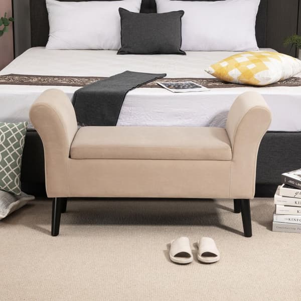 Benk For Stue Moderne Polstret Benk Med Lagringsplass, Fløyelsmyk Polyester, Gummitre, Armlener, 115,5X43,5X66Cm
