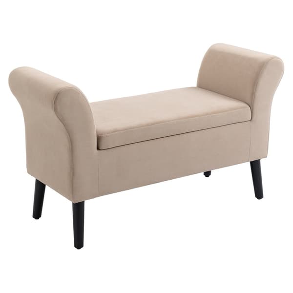 Benk For Stue Moderne Polstret Benk Med Lagringsplass, Fløyelsmyk Polyester, Gummitre, Armlener, 115,5X43,5X66Cm