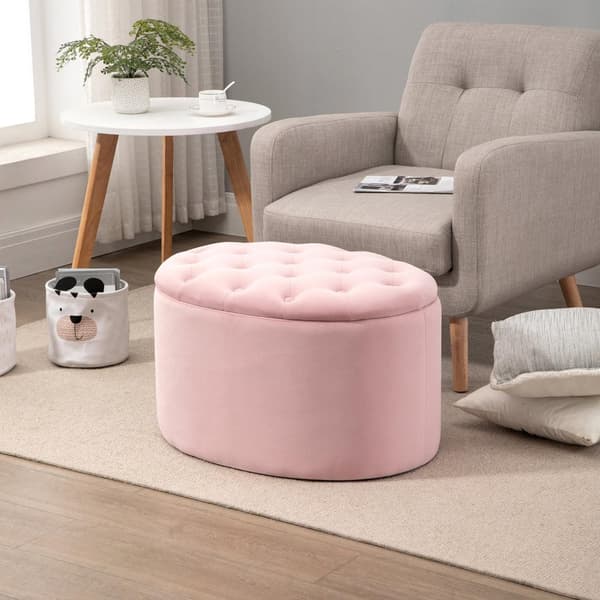 Rosa Polstret Benk Med Lagringsplass, Fløyelsmyk Polyester, Gummitre, Oval Form, For Stue, 71X52X42Cm