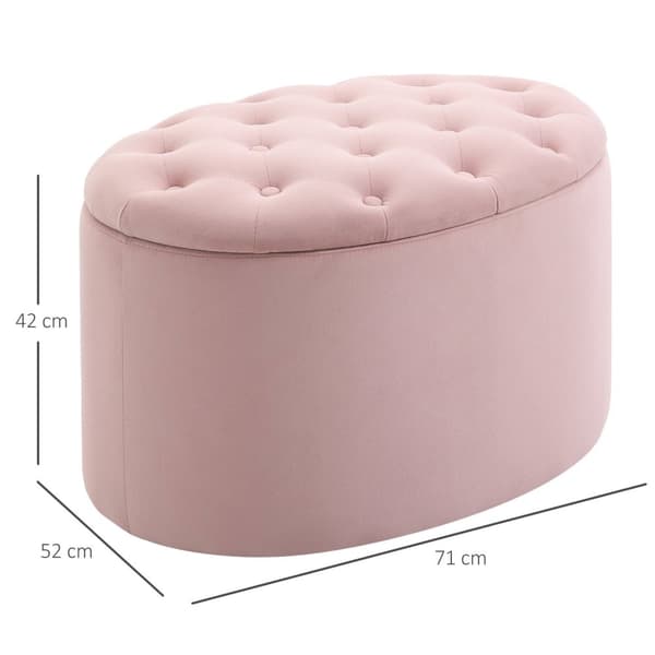 Rosa Polstret Benk Med Lagringsplass, Fløyelsmyk Polyester, Gummitre, Oval Form, For Stue, 71X52X42Cm