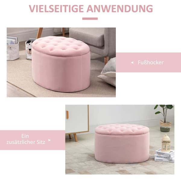 Rosa Polstret Benk Med Lagringsplass, Fløyelsmyk Polyester, Gummitre, Oval Form, For Stue, 71X52X42Cm