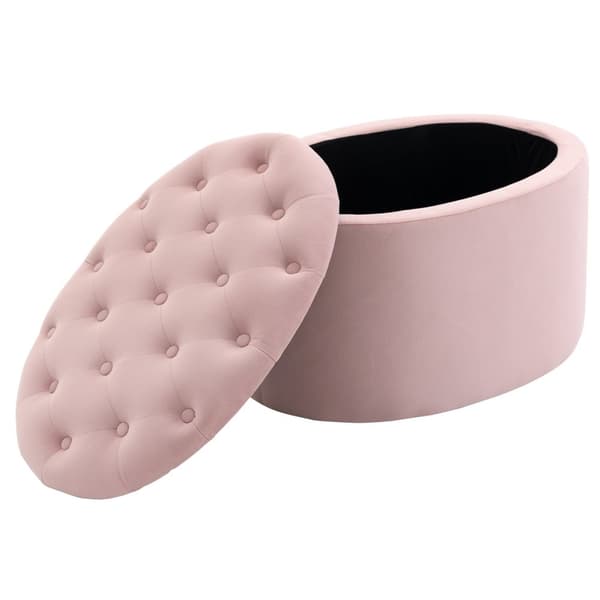 Rosa Polstret Benk Med Lagringsplass, Fløyelsmyk Polyester, Gummitre, Oval Form, For Stue, 71X52X42Cm