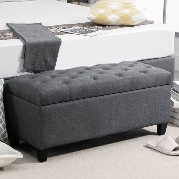 Benk Polstret Benk Med Oppbevaringsplass, Brystbenk, Lin-Lignende Polyester, Gummitre, Mørkegrå, 100 X 40 X 44 Cm