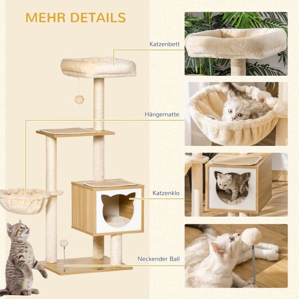 Beige Cat Tree Cat Cave Platform Puulastulevy Sisal 126Cm Korkeus