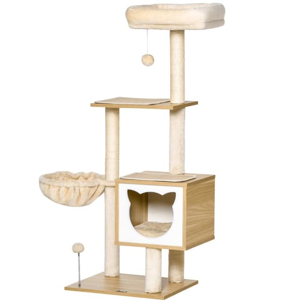 Beige Cat Tree Cat Cave Platform Puulastulevy Sisal 126Cm Korkeus
