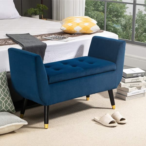 Luksusbenk Med Oppbevaringsplass Polstret Benk I Blått, Fløyelsmyk Polyester, Gummitre, Med Armlener, 107X42X65Cm