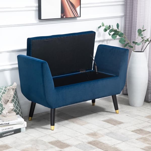 Luksusbenk Med Oppbevaringsplass Polstret Benk I Blått, Fløyelsmyk Polyester, Gummitre, Med Armlener, 107X42X65Cm