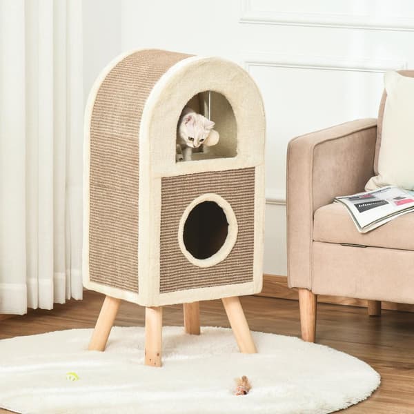 Multi-Etages Cat Cave Skrapebrett Spilleballer Katteseng Skrapematte Sponplater Plysj Sisal Kaffe