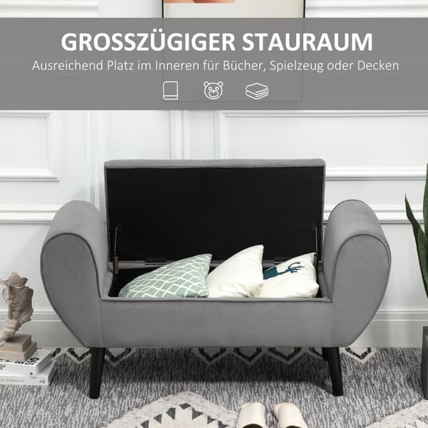 Benk I Grå Moderne Brystbenk Med Lagringsplass, Fløyelsmyk Polyester, Gummitre, Armlener, 118X42X66Cm