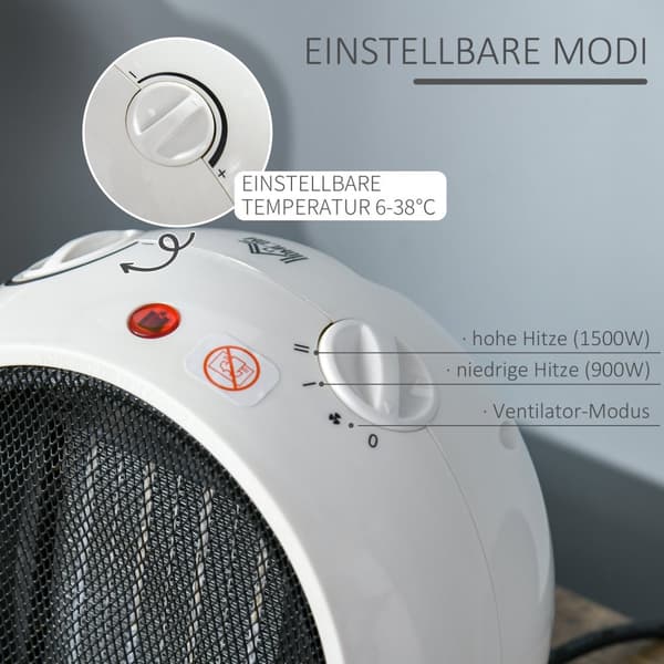 Puhallinlämmitin Sähkölämmitin Lämmitin Lämmitin Lämpö 900W/1500W Pp Muovi Valkoinen + Musta 22 X 18,5 X 21 Cm