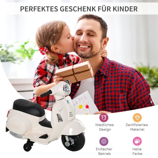 Vespa Elmotorcykel Barnmotorcykel, 18-36 Månader, 3 Km/H, Led Ljus & Ljud, Pp Plast & Metall, Vit, 66,5X38X52Cm