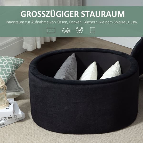 Benk I Svart Moderne Polstret Benk Med Lagringsplass, Fløyelsmyk Polyester, Gummitre, Oval Form, 71X52X42Cm