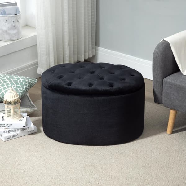 Benk I Svart Moderne Polstret Benk Med Lagringsplass, Fløyelsmyk Polyester, Gummitre, Oval Form, 71X52X42Cm