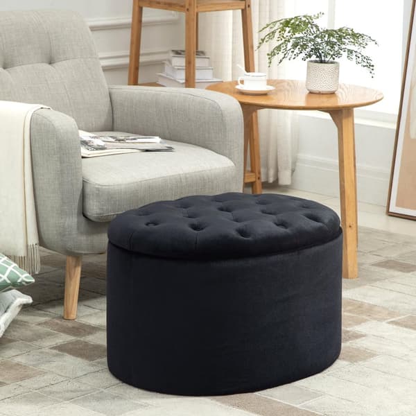 Benk I Svart Moderne Polstret Benk Med Lagringsplass, Fløyelsmyk Polyester, Gummitre, Oval Form, 71X52X42Cm
