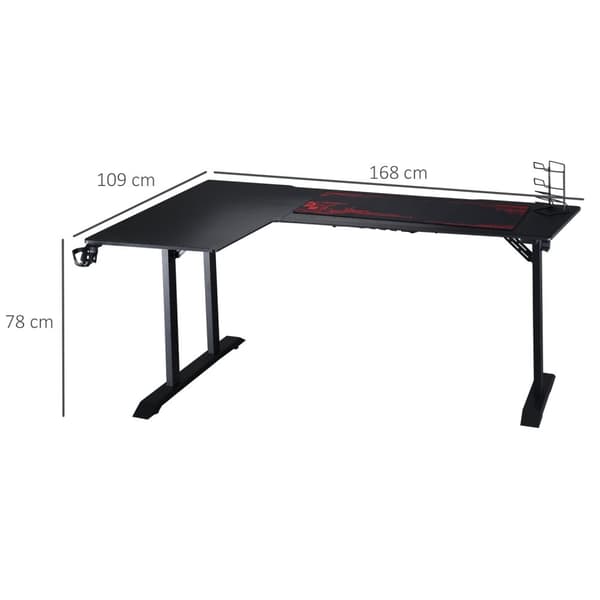 L-Formet Spillpult Med Hodetelefonkrok, Koppholder, Mdf Metall, Svart+Rød, 168X109X78Cm