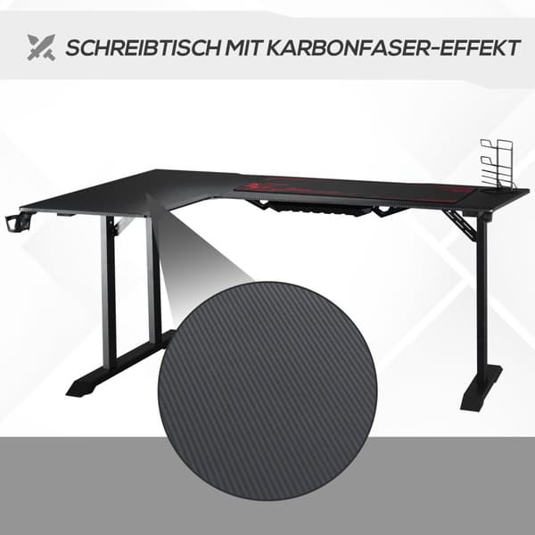 L-Formet Spillpult Med Hodetelefonkrok, Koppholder, Mdf Metall, Svart+Rød, 168X109X78Cm