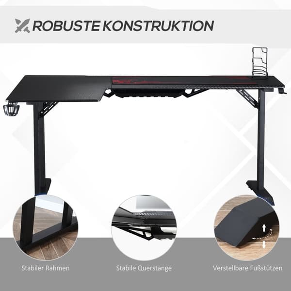 L-Formet Spillpult Med Hodetelefonkrok, Koppholder, Mdf Metall, Svart+Rød, 168X109X78Cm