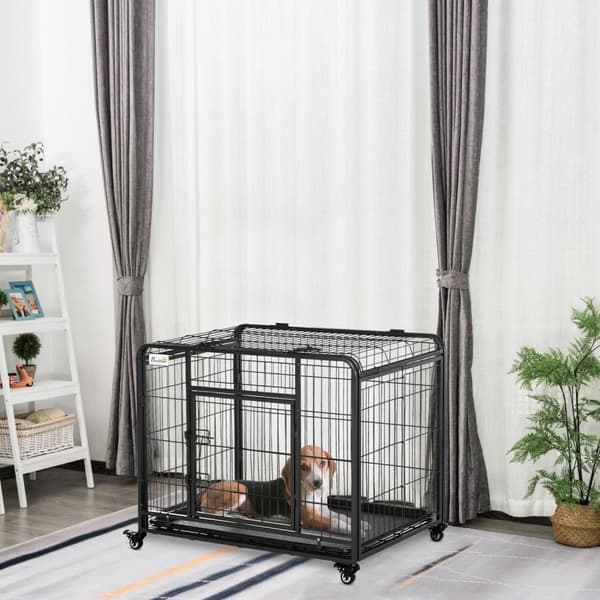 Transportbox Vikbar Transportbur Med Hjul, 2 Låsbara Dörrar, Metall, Grå+Svart, 94X58X69,5 Cm