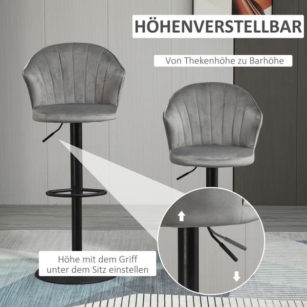 Set Med 2 Barstolar Vridbara Barstolar Med Ryggstöd Sammet Touch Höjdjusterbar Armlös Skum Grå 51,5X 57,5 ​​X 93-114,5 Cm