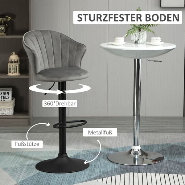 Set Med 2 Barstolar Vridbara Barstolar Med Ryggstöd Sammet Touch Höjdjusterbar Armlös Skum Grå 51,5X 57,5 ​​X 93-114,5 Cm