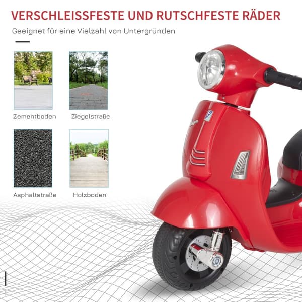 Vespa El-Motorcykel Børne-Motorcykel El-Køretøj 18-36 Måneder 3 Km/T Led Lys Lyd Pp Plast Metal Rød 66,5 X 38 X 52 Cm