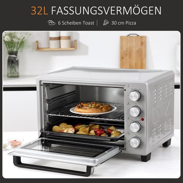 Miniuuni 32L, 1600W, Sähköuuni Kuonankeräysalustalla, Ruostumaton Teräs & Lasi, Hopea, 52,2X38,1X33,5Cm