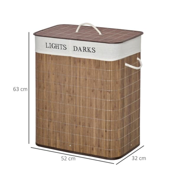 100L Skittentøyskurv Vaskeboks Med 3 Håndtak Og Vaskbar Vaskepose Avtagbar Bambus Bomull Metall Brun + Hvit 52X32X63Cm