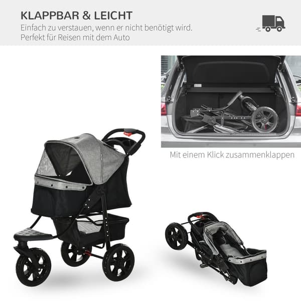 Dog Buggy Praktisk Kjæledyrvogn Med 3 Hjul, Sammenleggbar, Ideell For Hunder Og Katter, Oxford, Grå+Svart, 109,5X57,5X106,5Cm