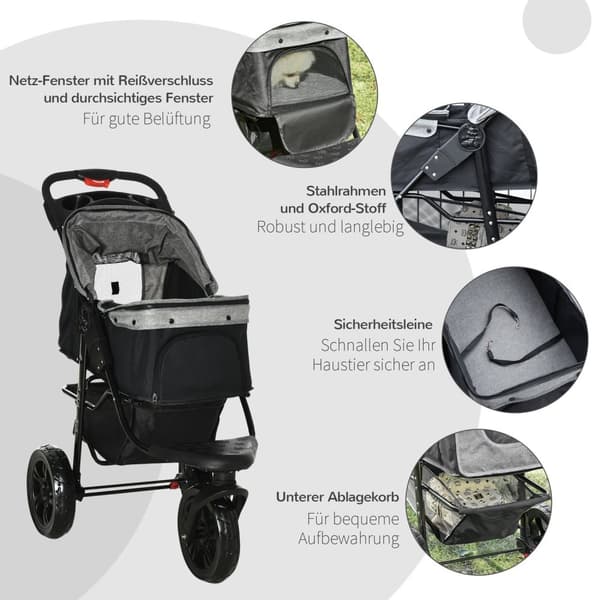 Dog Buggy Praktisk Kjæledyrvogn Med 3 Hjul, Sammenleggbar, Ideell For Hunder Og Katter, Oxford, Grå+Svart, 109,5X57,5X106,5Cm