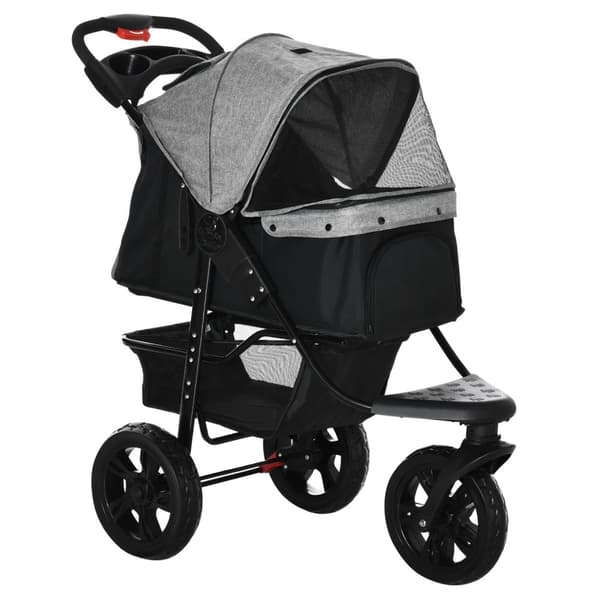 Dog Buggy Praktisk Kjæledyrvogn Med 3 Hjul, Sammenleggbar, Ideell For Hunder Og Katter, Oxford, Grå+Svart, 109,5X57,5X106,5Cm