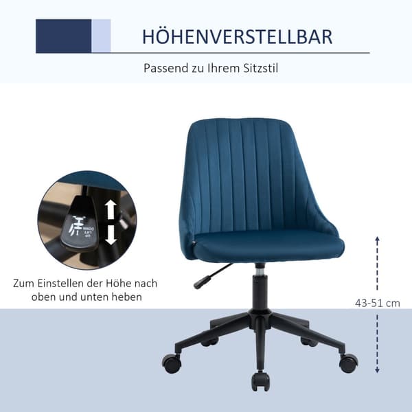 Kontorstol Drejestol Skrivebordsstol Ergonomisk Linjedesign Højdejusterbar 360° Drejelig Fløjlsblød Polyesterblå 50 X 58 X 77-85 Cm