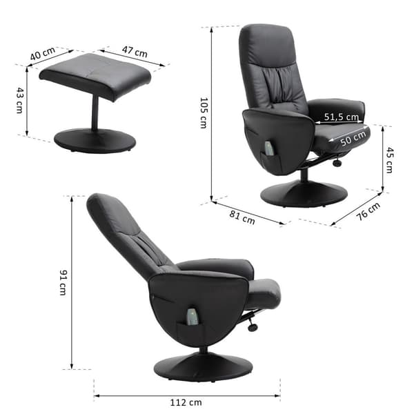 Afslapningsstol, Tv-Stol, Massagestol Med Skammel, Opbevaringsplads Med 10 Vibrationspunkter, Imiteret Læder, Sort, 76 X 81 X 105 Cm