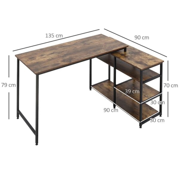 Hjørnepult, L-Formet Pc-Bord Med Hylle Og Skuff, Kontorbord, Metallsponplater, Rustikkbrun, 135X90X79Cm