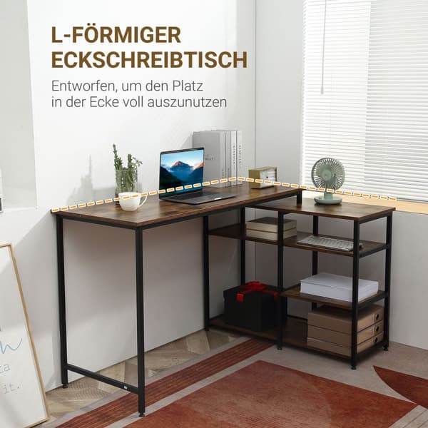 Hjørnepult, L-Formet Pc-Bord Med Hylle Og Skuff, Kontorbord, Metallsponplater, Rustikkbrun, 135X90X79Cm