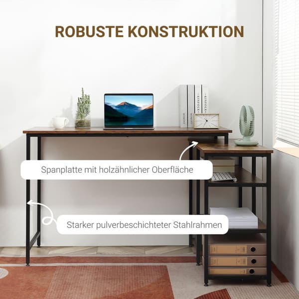 Hjørnepult, L-Formet Pc-Bord Med Hylle Og Skuff, Kontorbord, Metallsponplater, Rustikkbrun, 135X90X79Cm