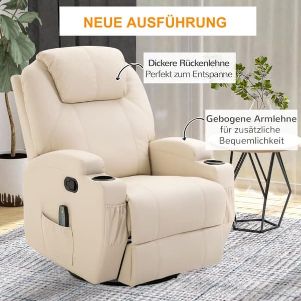 Afslapningsstol Med Lænefunktion, Elektrisk Massagestol, 5 Massagetilstande, Kunstlæder, Cremehvid, 84X92X109Cm