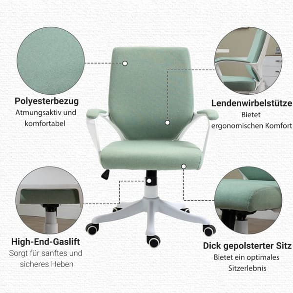 Kontorstol Skrivebordsstol Med Vippefunksjon Ryggstøtte Tykt Polstret Ergonomiske 360° Svingbare Hjul Polyester Grønn + Hvit 62X69X92-100 Cm