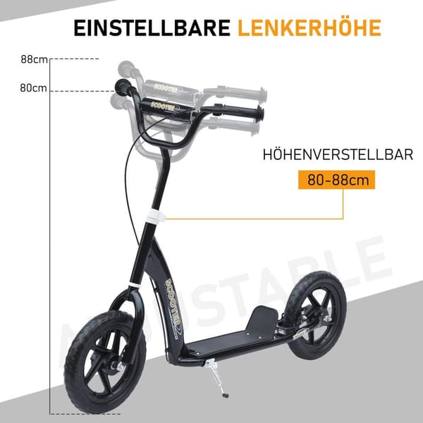 Børnescooter Sparkescooter 12 Tommer Med Bagbremse, Højdejusterbar Sparkescooter, Løbehjul I Sort, Stål & Eva