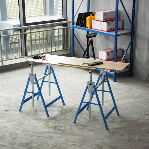 2 X Stillasbukk, Sammenleggbar Bukk, Høydejusterbar Opptil 200 Kg, Stål, Blå, 68X58X80-130Cm