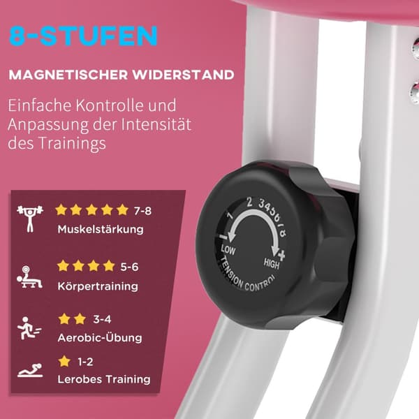 Treningssykkel F-Bike Sykkeltrener Med 8 Nivåer Av Justerbar Magnetisk Motstand, Høydejusterbar Stål Rosa + Hvit 43 X 97 X 109 Cm