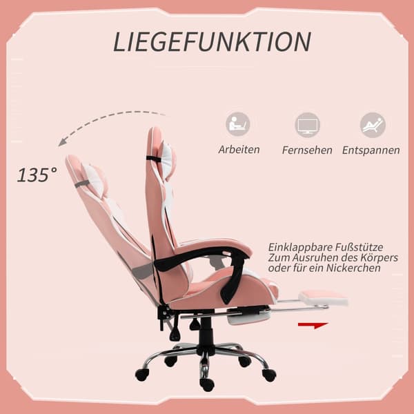 Pelituoli, Tietokonetuoli, Ergonominen Työtuoli Niskatuella, Ristiselän Pehmuste, Korkeussäädettävä, 360° Kääntyvä, Pinkki + Valkoinen