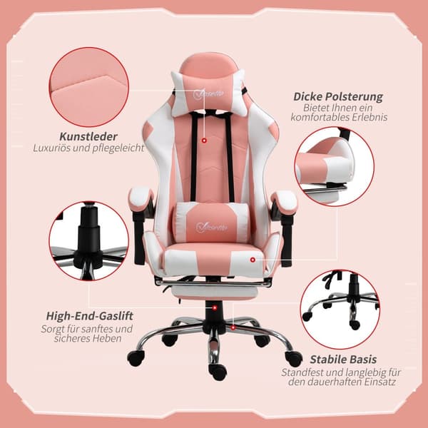 Pelituoli, Tietokonetuoli, Ergonominen Työtuoli Niskatuella, Ristiselän Pehmuste, Korkeussäädettävä, 360° Kääntyvä, Pinkki + Valkoinen